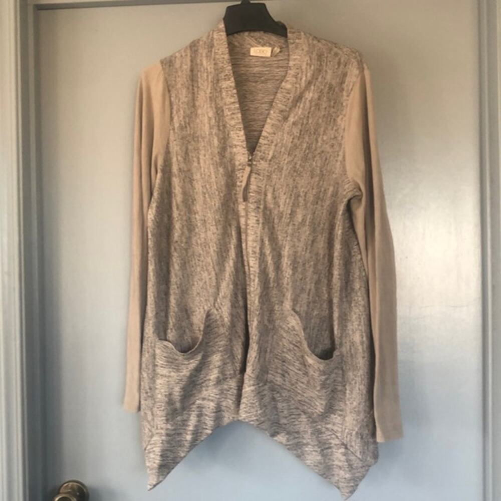 Logo Long Sleeved Women's Gray Zip Front Cardigan Sweater  sz Medium Pockets